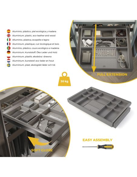 Emuca Kit cassetto organizzatore e telaio regolabile Quartz per armadi, chiusura ammortizzata e estrazione totale, modulo da 80 