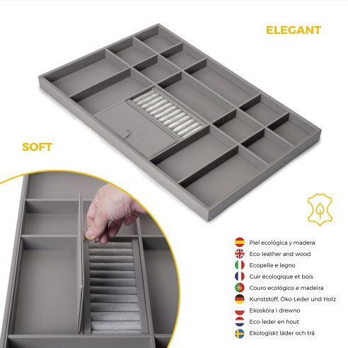 Emuca Kit cassetto organizzatore e telaio regolabile Quartz per armadi, chiusura ammortizzata e estrazione totale, modulo da 80 