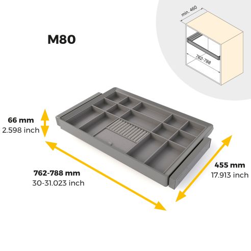 Emuca Kit cassetto organizzatore e telaio regolabile Quartz per armadi, chiusura ammortizzata e estrazione totale, modulo da 80 