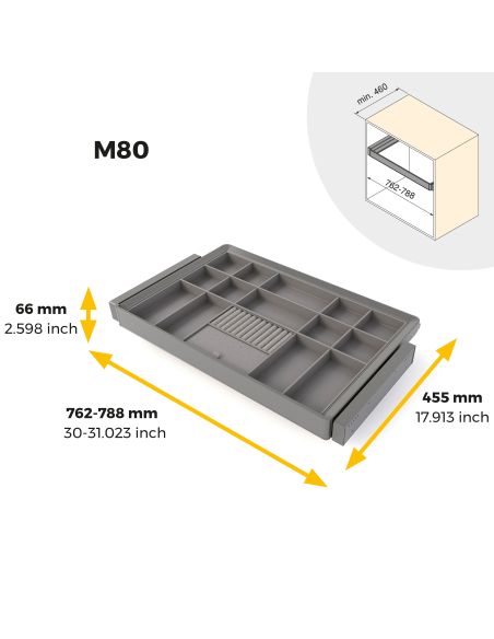 Emuca Kit cassetto organizzatore e telaio regolabile Quartz per armadi, chiusura ammortizzata e estrazione totale, modulo da 80 