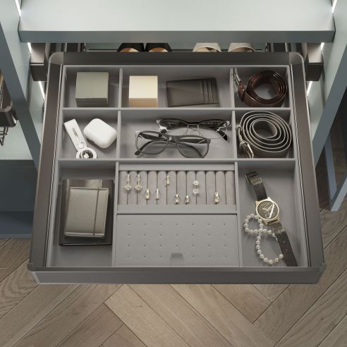 Emuca Kit cassetto organizzatore e telaio regolabile Quartz per armadi, chiusura ammortizzata e estrazione totale, modulo da 90 
