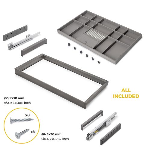Emuca Kit cassetto organizzatore e telaio regolabile Quartz per armadi, chiusura ammortizzata e estrazione totale, modulo da 90 