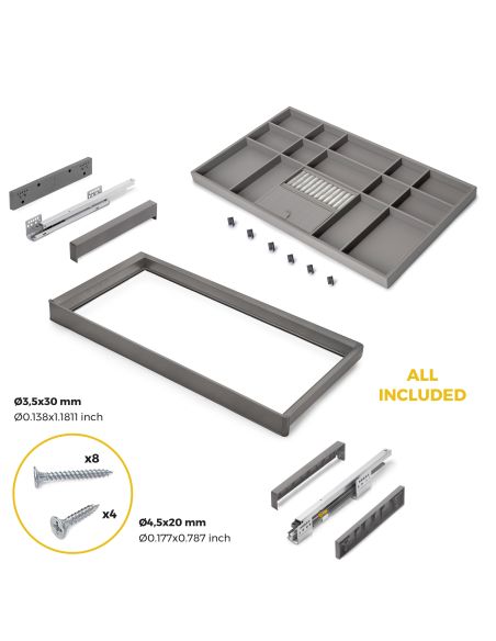 Emuca Kit cassetto organizzatore e telaio regolabile Quartz per armadi, chiusura ammortizzata e estrazione totale, modulo da 90 