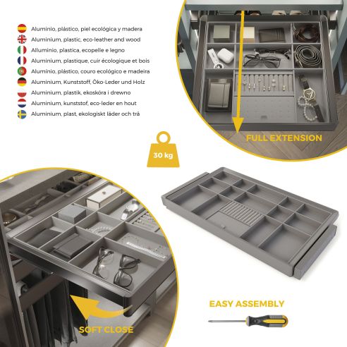 Emuca Kit cassetto organizzatore e telaio regolabile Quartz per armadi, chiusura ammortizzata e estrazione totale, modulo da 90 