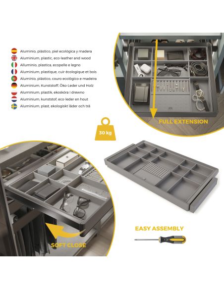 Emuca Kit cassetto organizzatore e telaio regolabile Quartz per armadi, chiusura ammortizzata e estrazione totale, modulo da 90 