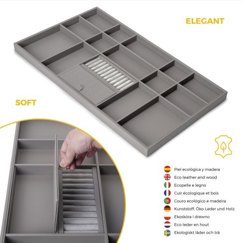 Emuca Kit cassetto organizzatore e telaio regolabile Quartz per armadi, chiusura ammortizzata e estrazione totale, modulo da 90 