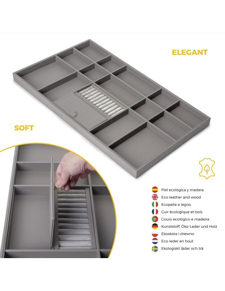 Emuca Kit cassetto organizzatore e telaio regolabile Quartz per armadi, chiusura ammortizzata e estrazione totale, modulo da 90 