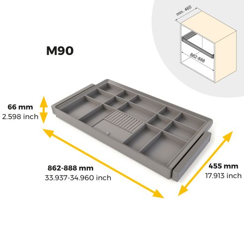 Emuca Kit cassetto organizzatore e telaio regolabile Quartz per armadi, chiusura ammortizzata e estrazione totale, modulo da 90 