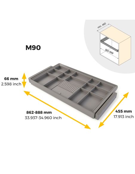 Emuca Kit cassetto organizzatore e telaio regolabile Quartz per armadi, chiusura ammortizzata e estrazione totale, modulo da 90 