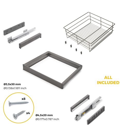 Emuca Kit cassetto in filo metallico e telaio regolabile Quartz per armadi, chiusura ammortizzata e estrazione totale, 60 cm