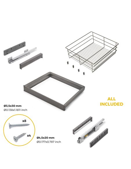 Emuca Kit cassetto in filo metallico e telaio regolabile Quartz per armadi, chiusura ammortizzata e estrazione totale, 60 cm
