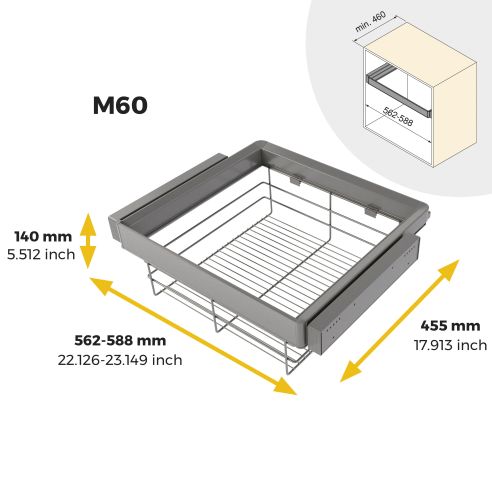 Emuca Kit cassetto in filo metallico e telaio regolabile Quartz per armadi, chiusura ammortizzata e estrazione totale, 60 cm