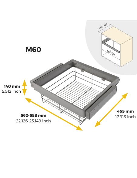 Emuca Kit cassetto in filo metallico e telaio regolabile Quartz per armadi, chiusura ammortizzata e estrazione totale, 60 cm