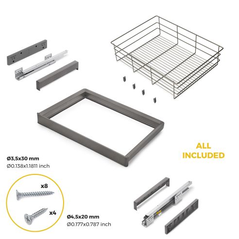 Emuca Kit cassetto in filo metallico e telaio regolabile Quartz per armadi, chiusura ammortizzata e estrazione totale, 70 cm