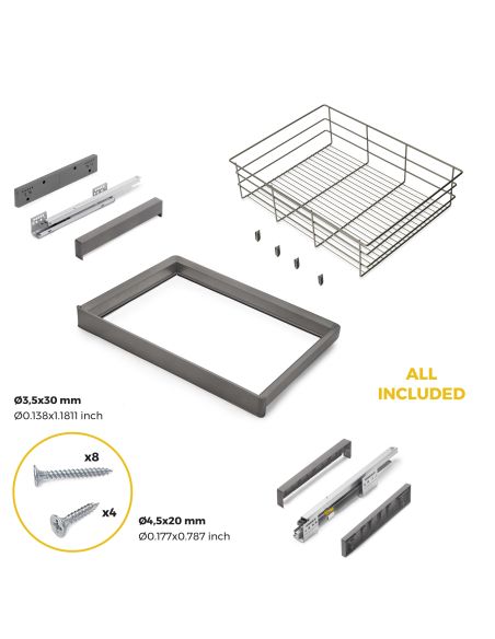 Emuca Kit cassetto in filo metallico e telaio regolabile Quartz per armadi, chiusura ammortizzata e estrazione totale, 70 cm