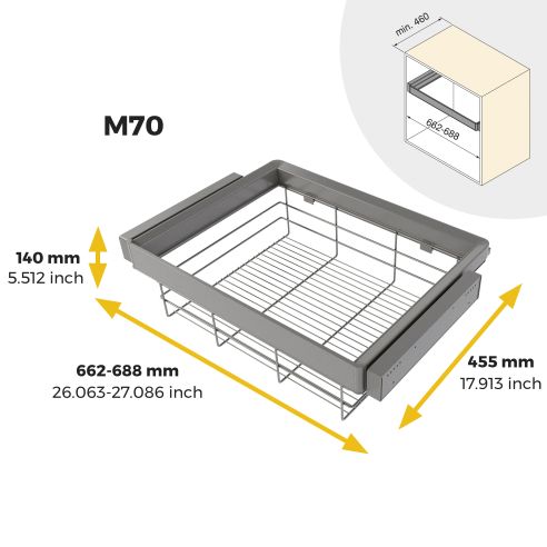 Emuca Kit cassetto in filo metallico e telaio regolabile Quartz per armadi, chiusura ammortizzata e estrazione totale, 70 cm