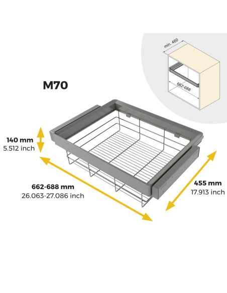 Emuca Kit cassetto in filo metallico e telaio regolabile Quartz per armadi, chiusura ammortizzata e estrazione totale, 70 cm