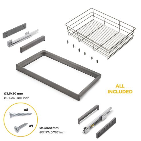 Emuca Kit cassetto in filo metallico e telaio regolabile Quartz per armadi, chiusura ammortizzata e estrazione totale, 80 cm
