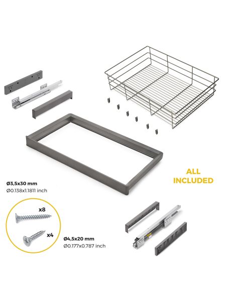 Emuca Kit cassetto in filo metallico e telaio regolabile Quartz per armadi, chiusura ammortizzata e estrazione totale, 80 cm