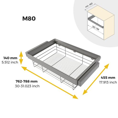Emuca Kit cassetto in filo metallico e telaio regolabile Quartz per armadi, chiusura ammortizzata e estrazione totale, 80 cm