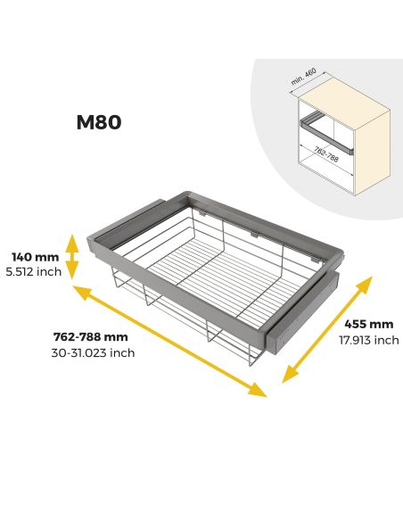 Emuca Kit cassetto in filo metallico e telaio regolabile Quartz per armadi, chiusura ammortizzata e estrazione totale, 80 cm