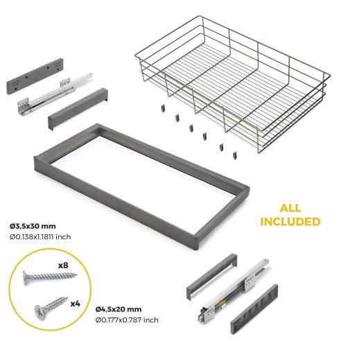 Emuca Kit cassetto in filo metallico e telaio regolabile Quartz per armadi, chiusura ammortizzata e estrazione totale, 90 cm