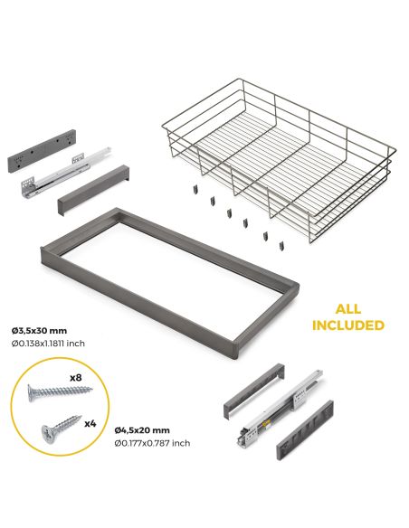 Emuca Kit cassetto in filo metallico e telaio regolabile Quartz per armadi, chiusura ammortizzata e estrazione totale, 90 cm