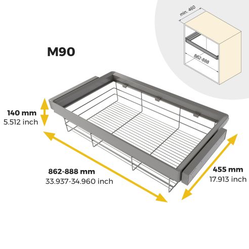 Emuca Kit cassetto in filo metallico e telaio regolabile Quartz per armadi, chiusura ammortizzata e estrazione totale, 90 cm