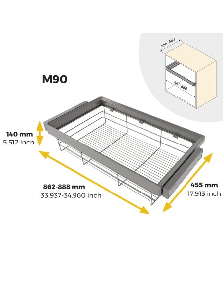 Emuca Kit cassetto in filo metallico e telaio regolabile Quartz per armadi, chiusura ammortizzata e estrazione totale, 90 cm