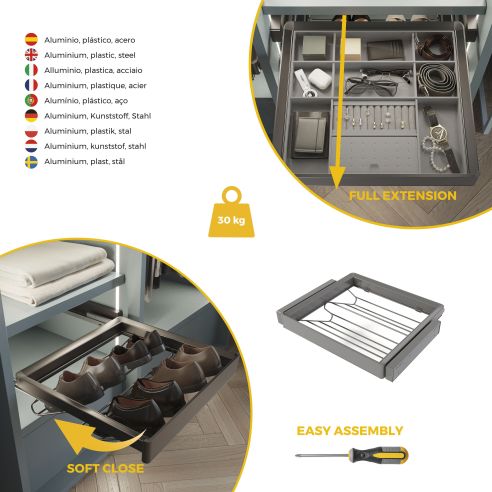 Emuca Kit  cassetto portascarpe e telaio regolabile Quartz per armadi, chiusura ammortizzata e estrazione totale, modulo 60 cm
