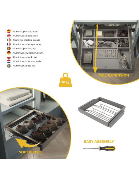 Emuca Kit  cassetto portascarpe e telaio regolabile Quartz per armadi, chiusura ammortizzata e estrazione totale, modulo 60 cm