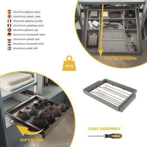 Emuca Kit  cassetto portascarpe e telaio regolabile Quartz per armadi, chiusura ammortizzata e estrazione totale, modulo 70 cm