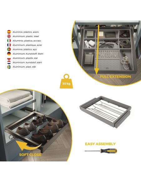 Emuca Kit  cassetto portascarpe e telaio regolabile Quartz per armadi, chiusura ammortizzata e estrazione totale, modulo 70 cm