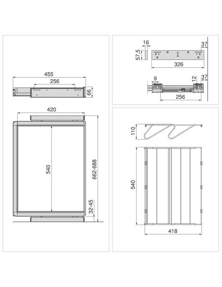 Emuca Kit  cassetto portascarpe e telaio regolabile Quartz per armadi, chiusura ammortizzata e estrazione totale, modulo 70 cm