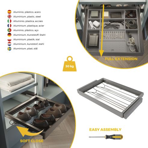Emuca Kit  cassetto portascarpe e telaio regolabile Quartz per armadi, chiusura ammortizzata e estrazione totale, modulo 80 cm