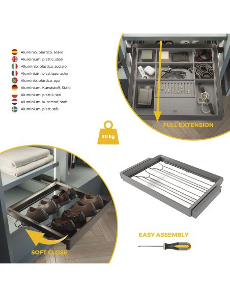 Emuca Kit  cassetto portascarpe e telaio regolabile Quartz per armadi, chiusura ammortizzata e estrazione totale, modulo 80 cm
