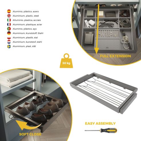 Emuca Kit  cassetto portascarpe e telaio regolabile Quartz per armadi, chiusura ammortizzata e estrazione totale, modulo 90 cm