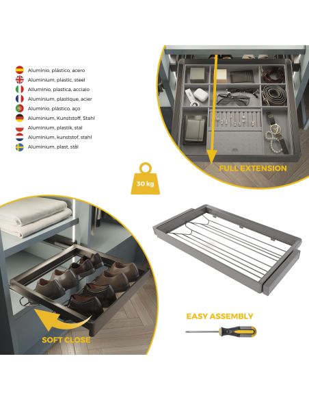 Emuca Kit  cassetto portascarpe e telaio regolabile Quartz per armadi, chiusura ammortizzata e estrazione totale, modulo 90 cm
