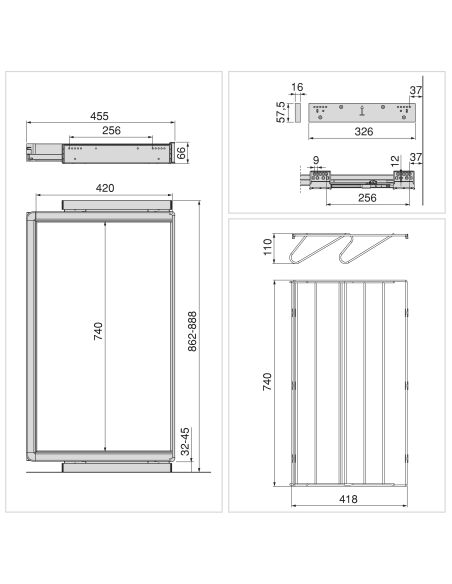 Emuca Kit  cassetto portascarpe e telaio regolabile Quartz per armadi, chiusura ammortizzata e estrazione totale, modulo 90 cm