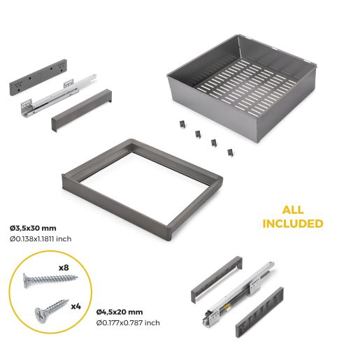 Emuca Kit  cassetto metallico e telaio regolabile Quartz per armadi, chiusura ammortizzata e estrazione totale, modulo 60 cm