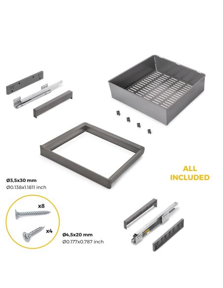 Emuca Kit  cassetto metallico e telaio regolabile Quartz per armadi, chiusura ammortizzata e estrazione totale, modulo 60 cm