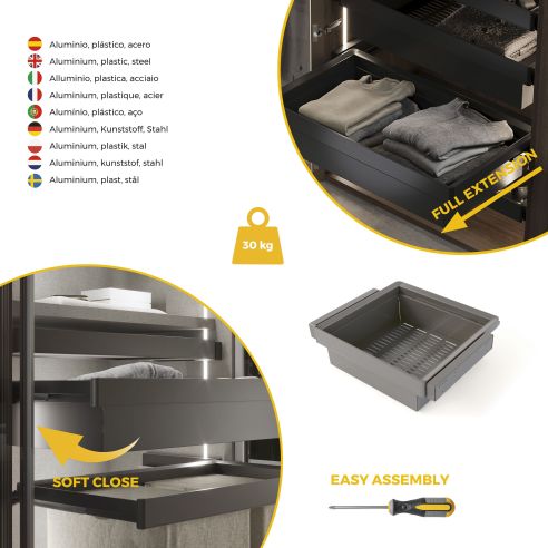 Emuca Kit  cassetto metallico e telaio regolabile Quartz per armadi, chiusura ammortizzata e estrazione totale, modulo 60 cm