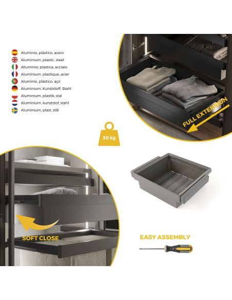 Emuca Kit  cassetto metallico e telaio regolabile Quartz per armadi, chiusura ammortizzata e estrazione totale, modulo 60 cm