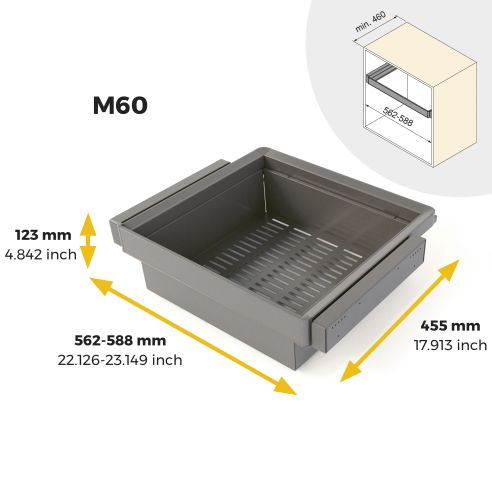 Emuca Kit  cassetto metallico e telaio regolabile Quartz per armadi, chiusura ammortizzata e estrazione totale, modulo 60 cm