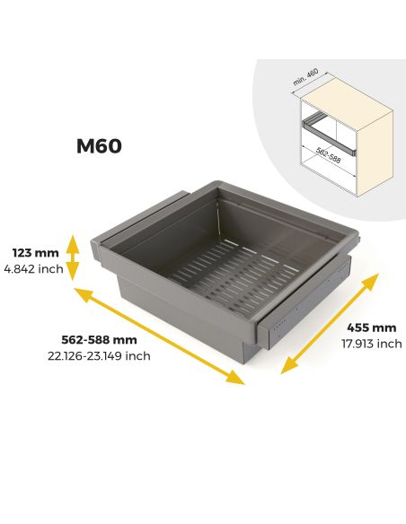 Emuca Kit  cassetto metallico e telaio regolabile Quartz per armadi, chiusura ammortizzata e estrazione totale, modulo 60 cm
