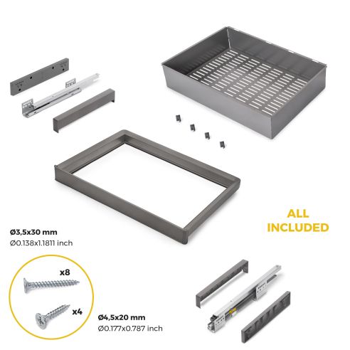 Emuca Kit  cassetto metallico e telaio regolabile Quartz per armadi, chiusura ammortizzata e estrazione totale, modulo 70 cm