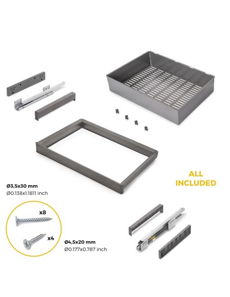 Emuca Kit  cassetto metallico e telaio regolabile Quartz per armadi, chiusura ammortizzata e estrazione totale, modulo 70 cm