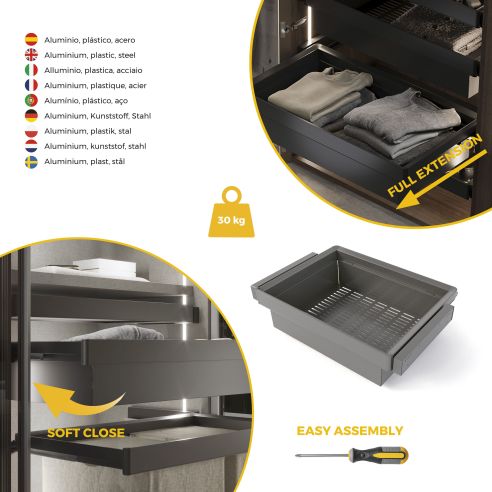 Emuca Kit  cassetto metallico e telaio regolabile Quartz per armadi, chiusura ammortizzata e estrazione totale, modulo 70 cm