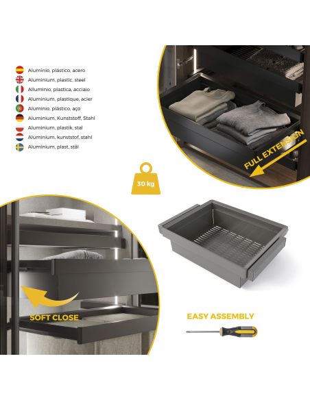 Emuca Kit  cassetto metallico e telaio regolabile Quartz per armadi, chiusura ammortizzata e estrazione totale, modulo 70 cm