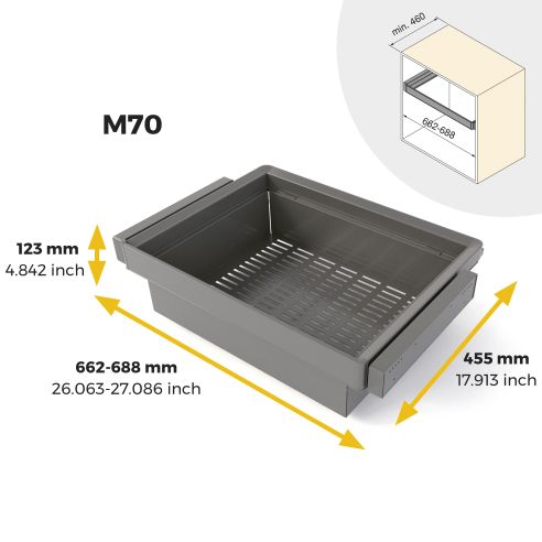 Emuca Kit  cassetto metallico e telaio regolabile Quartz per armadi, chiusura ammortizzata e estrazione totale, modulo 70 cm